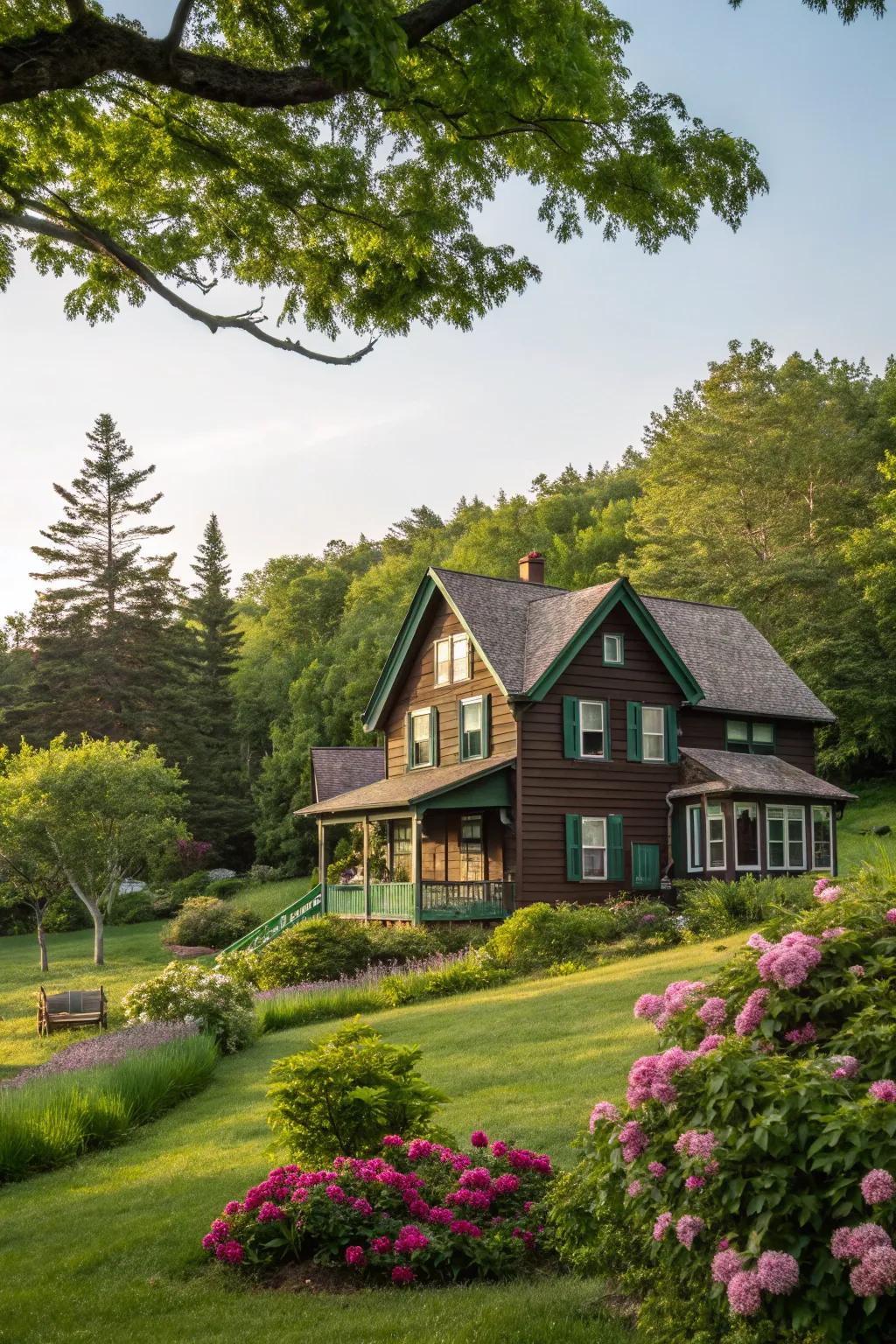 Green accents bring a natural and earthy touch to brown exteriors.