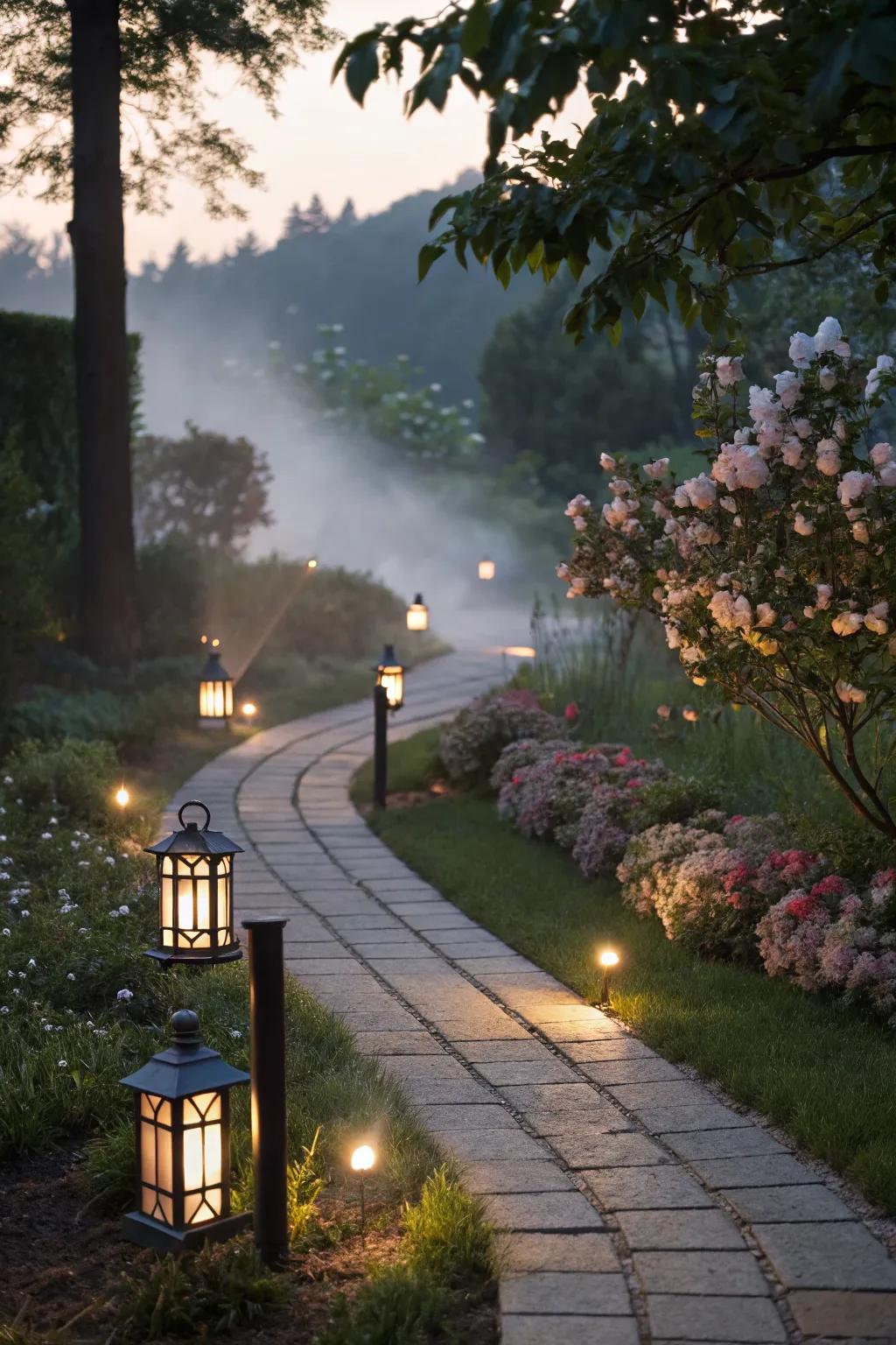 Solar lighting adds charm and safety to garden pathways.