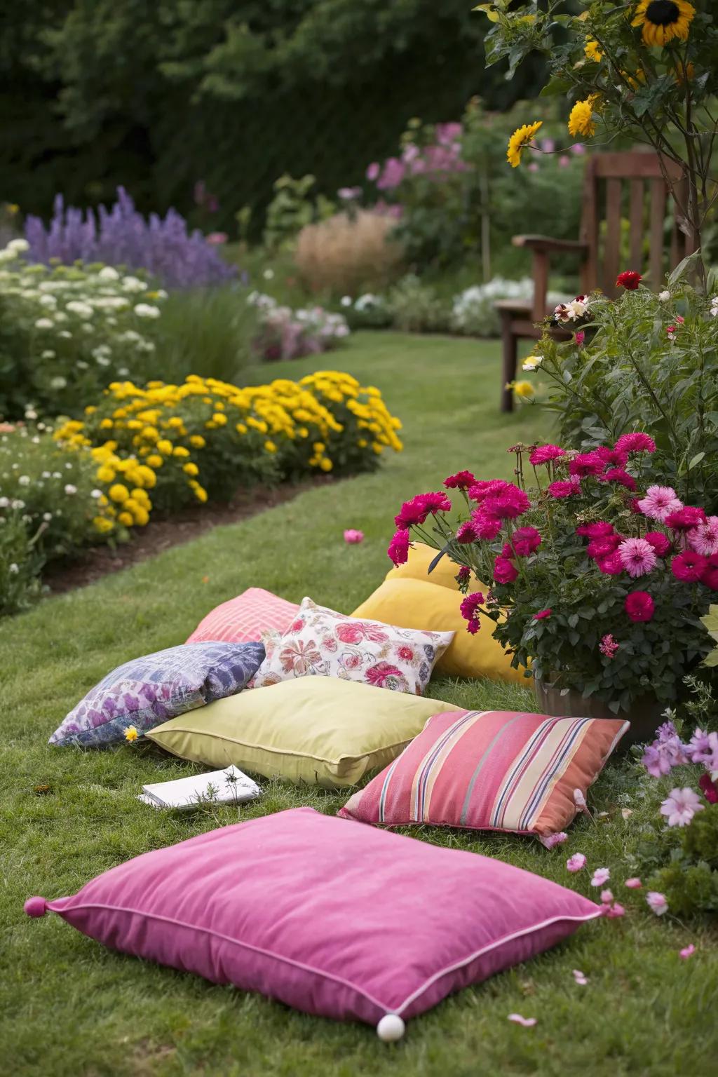 Bright cushions transform your lawn into a cozy retreat.