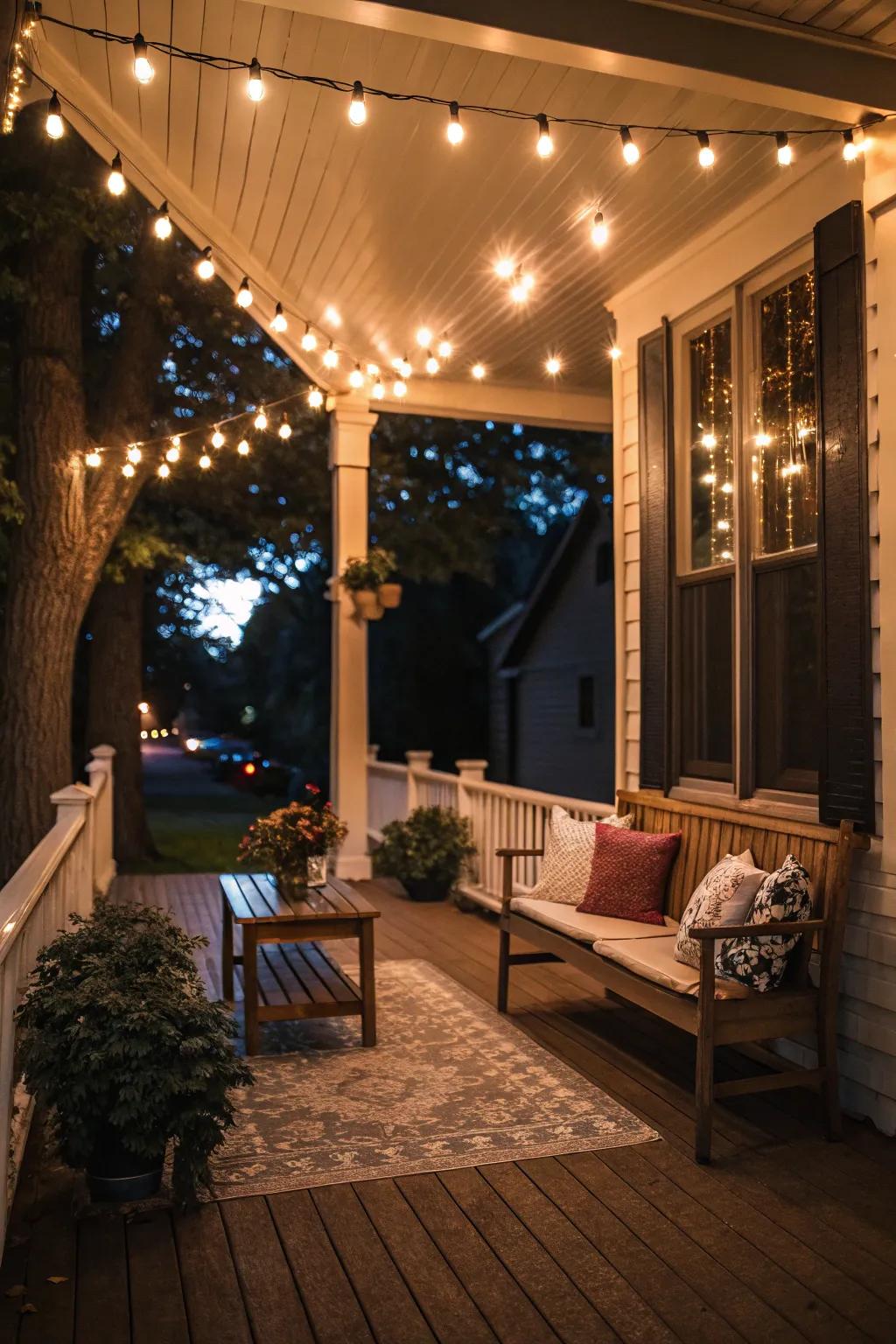 String lights add a magical touch to this porch.