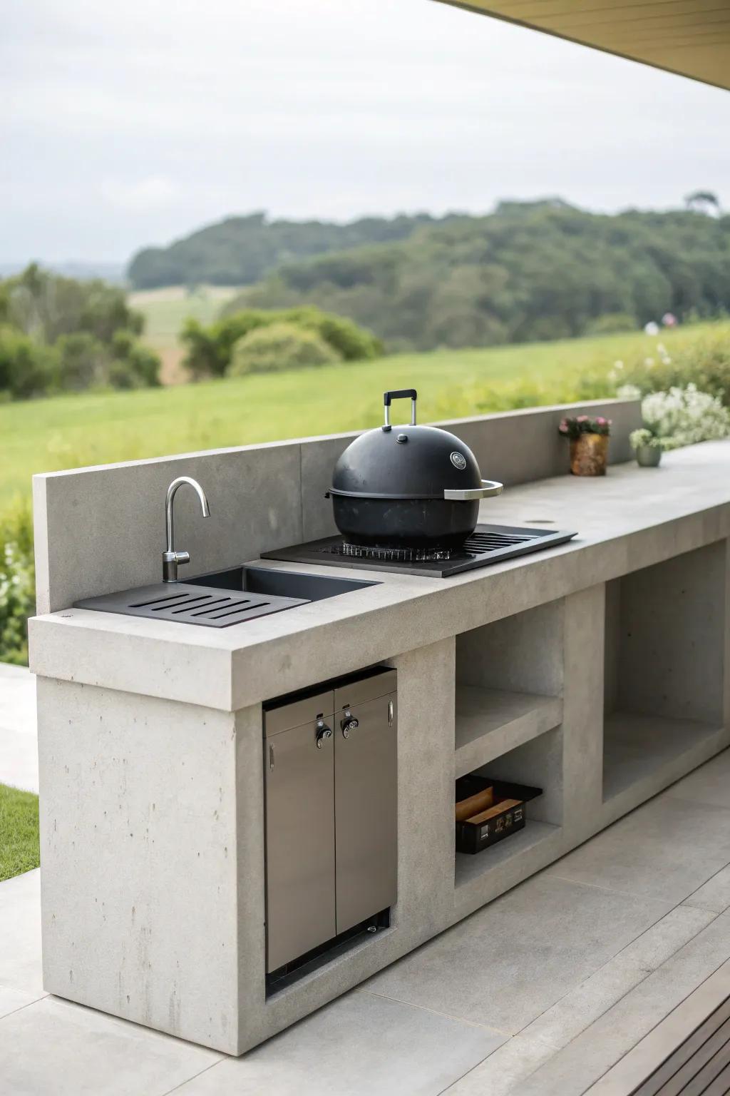 Minimalist concrete designs offer clean lines and durability.