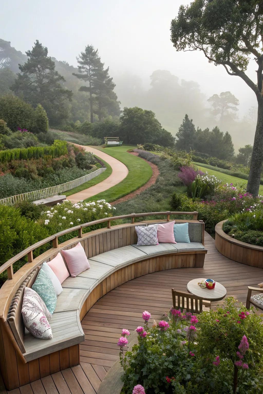 Curved benches create a welcoming and conversational space.