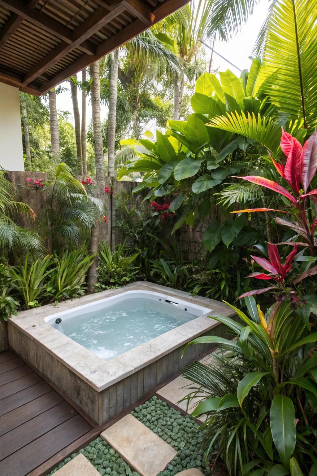 A tropical paradise enveloping your hot tub.