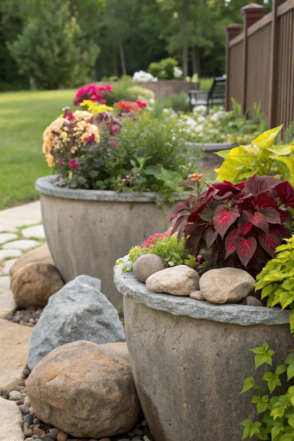 Planters accented with bull rocks, adding texture and style.