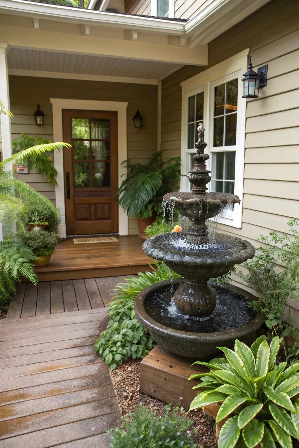 A small water feature adds a soothing soundtrack to the porch.