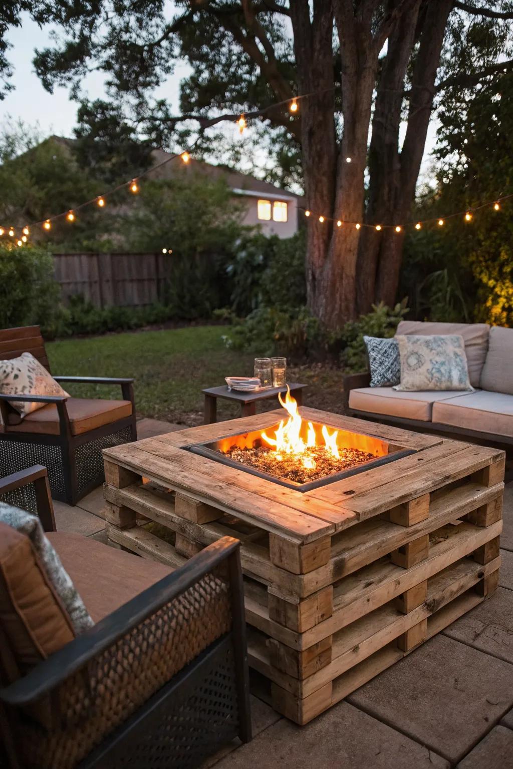 Rustic warmth with a DIY pallet fire pit table.