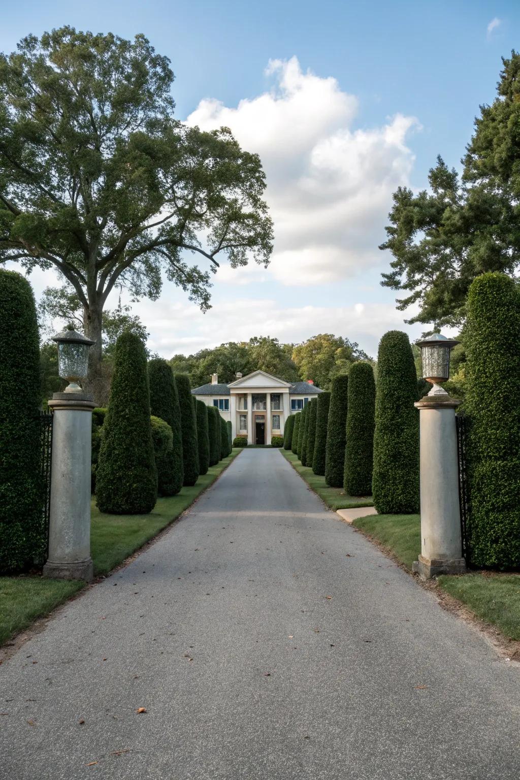 Column-shaped bushes offer a grand and stately garden entrance.