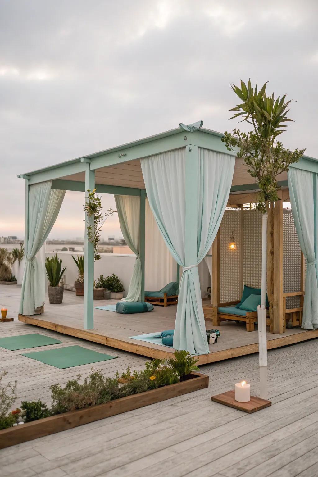 A yoga-friendly cabana with open space and calming colors, ideal for meditation.