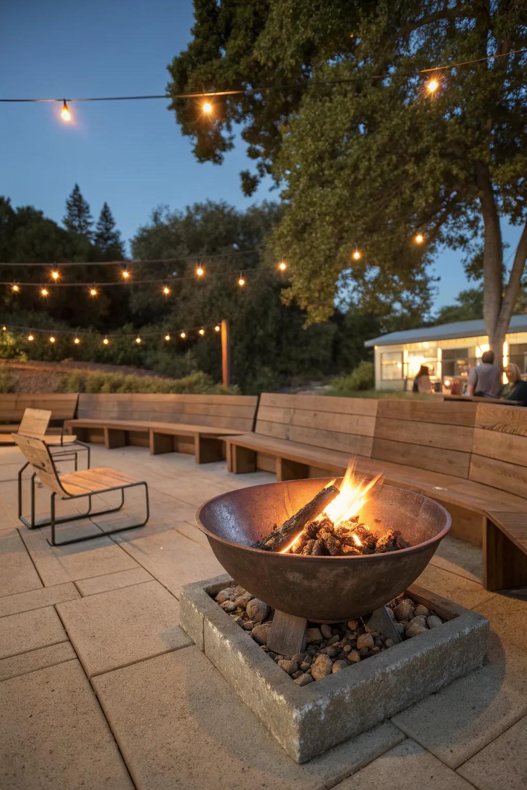 Wood and metal elements creating a striking fire pit contrast.