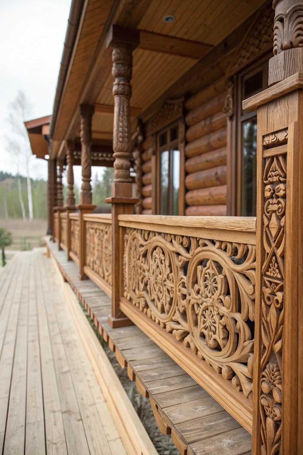 Intricately carved wood detailing on a cabin railing.