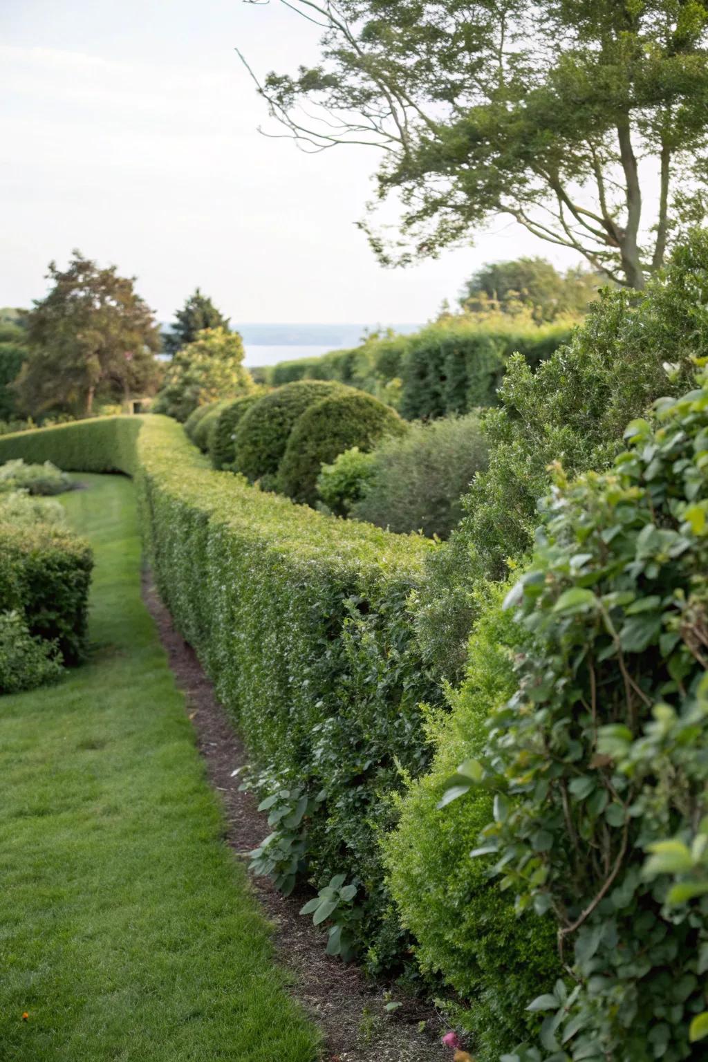 A lush hedgerow offering privacy and wildlife habitat.