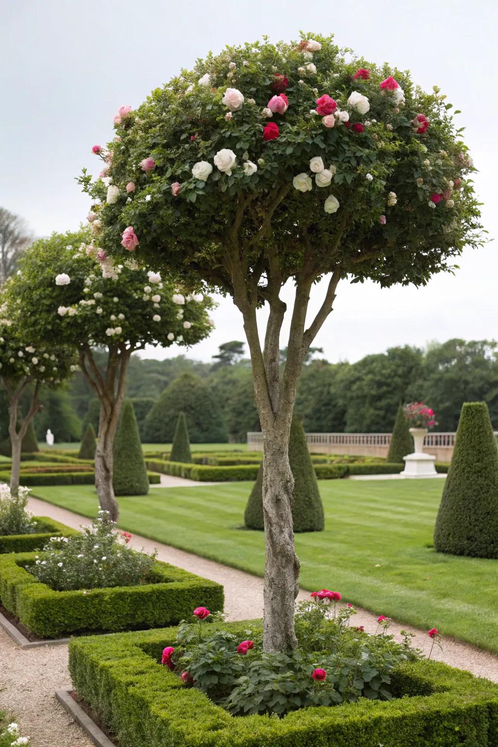Camellia trees stand as elegant garden centerpieces.