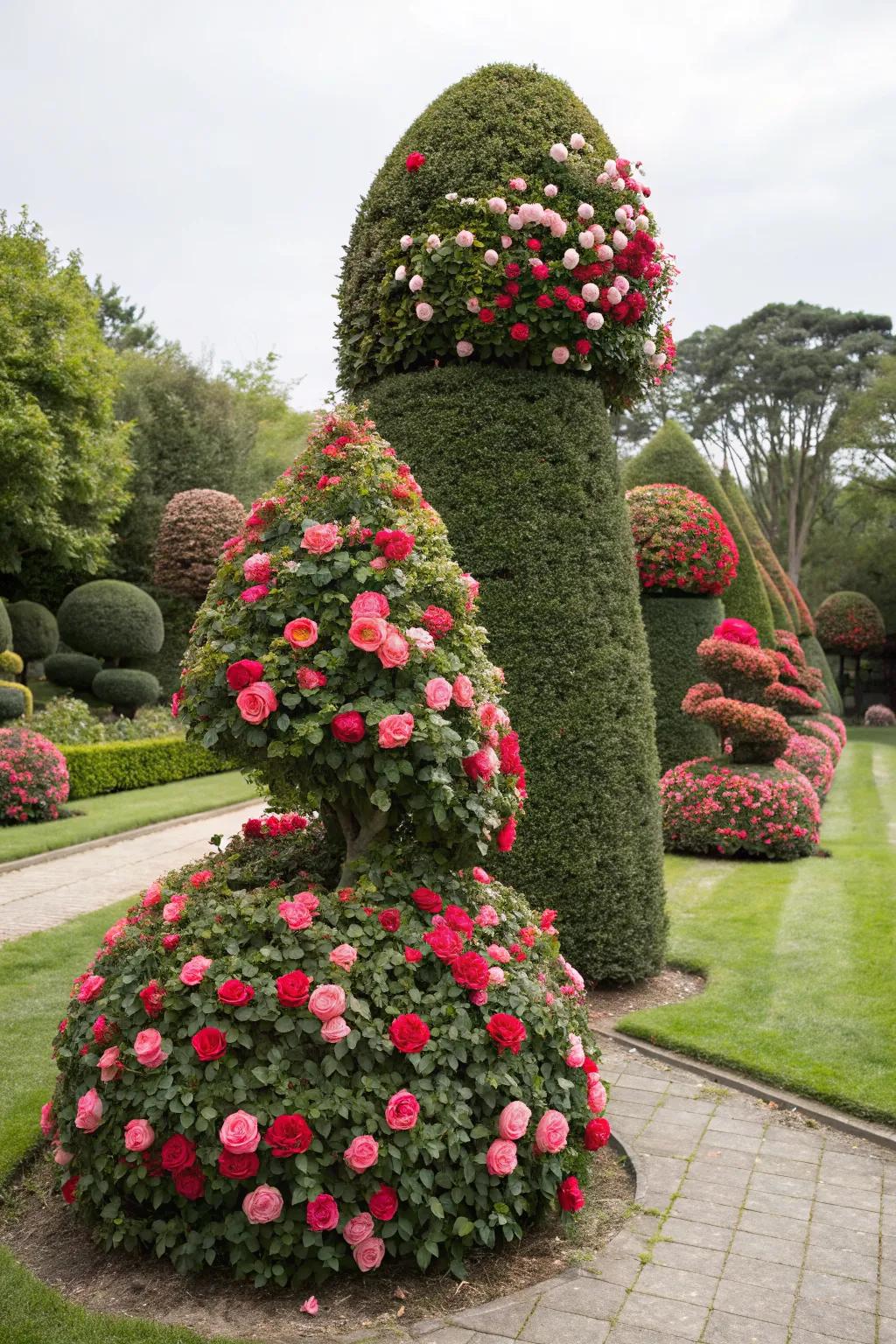 Camellias sculpted into artistic forms add charm to gardens.