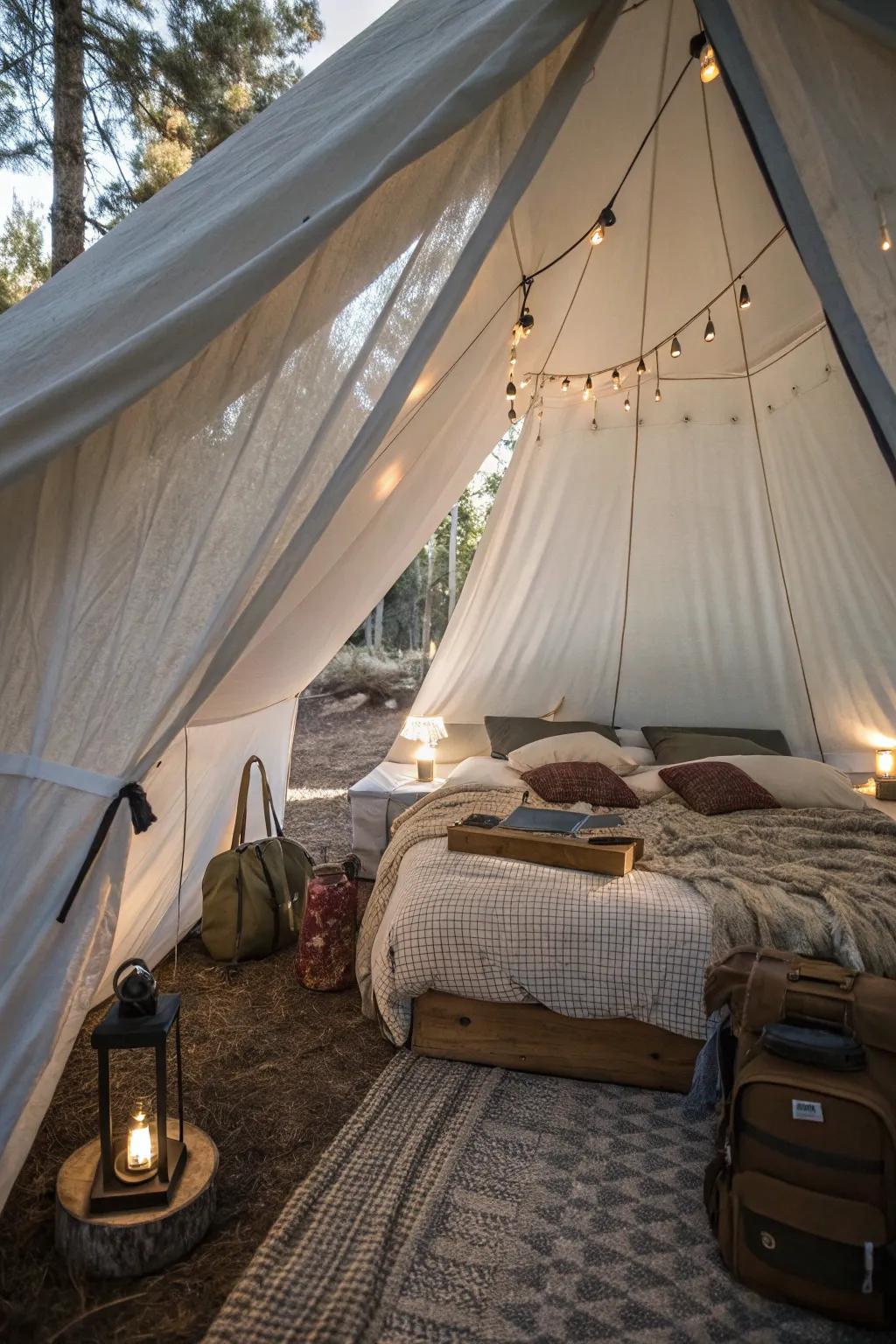 A canopy adds a touch of romance and elegance to your tent.