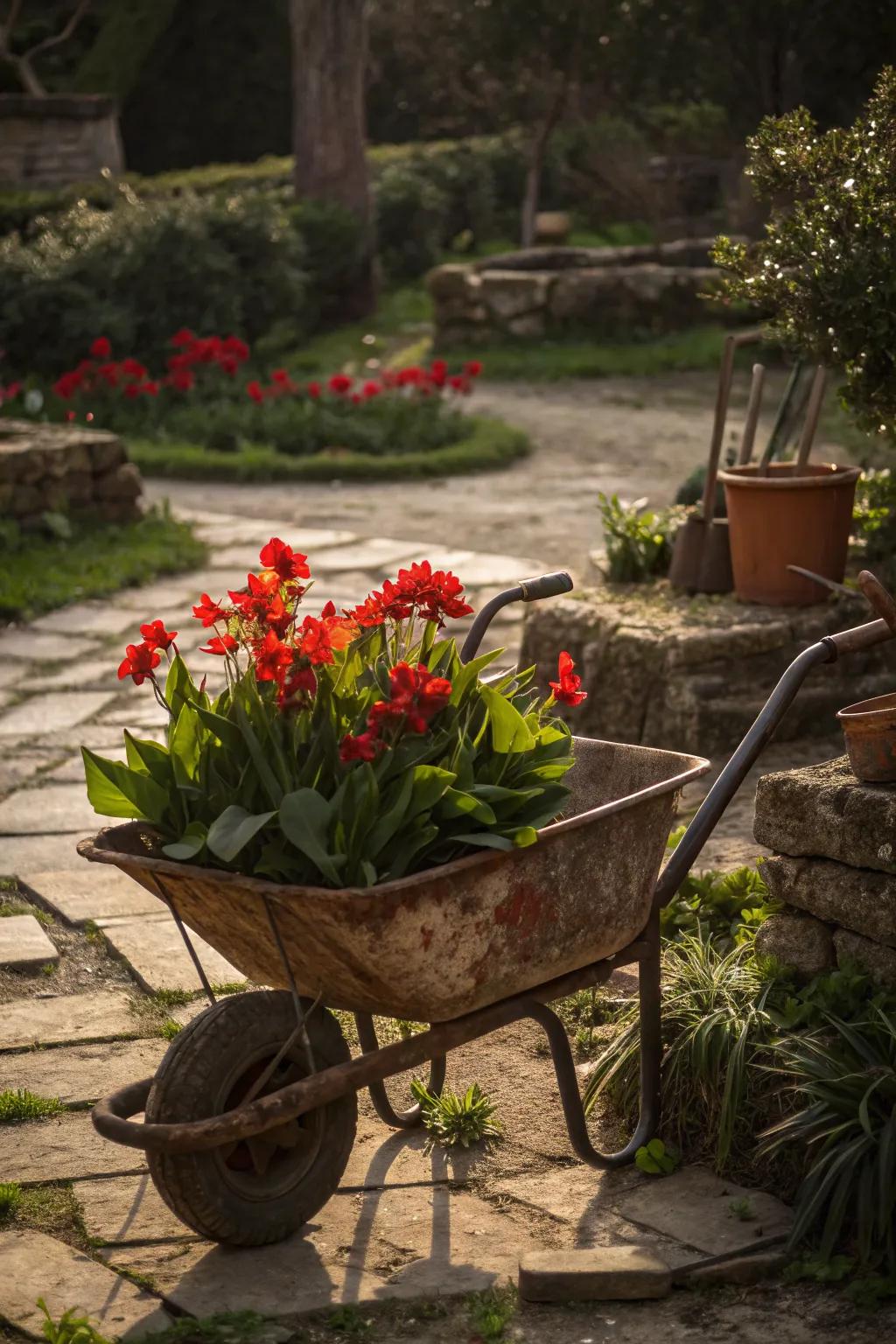 Unconventional containers like wheelbarrows create whimsical canna lily displays.
