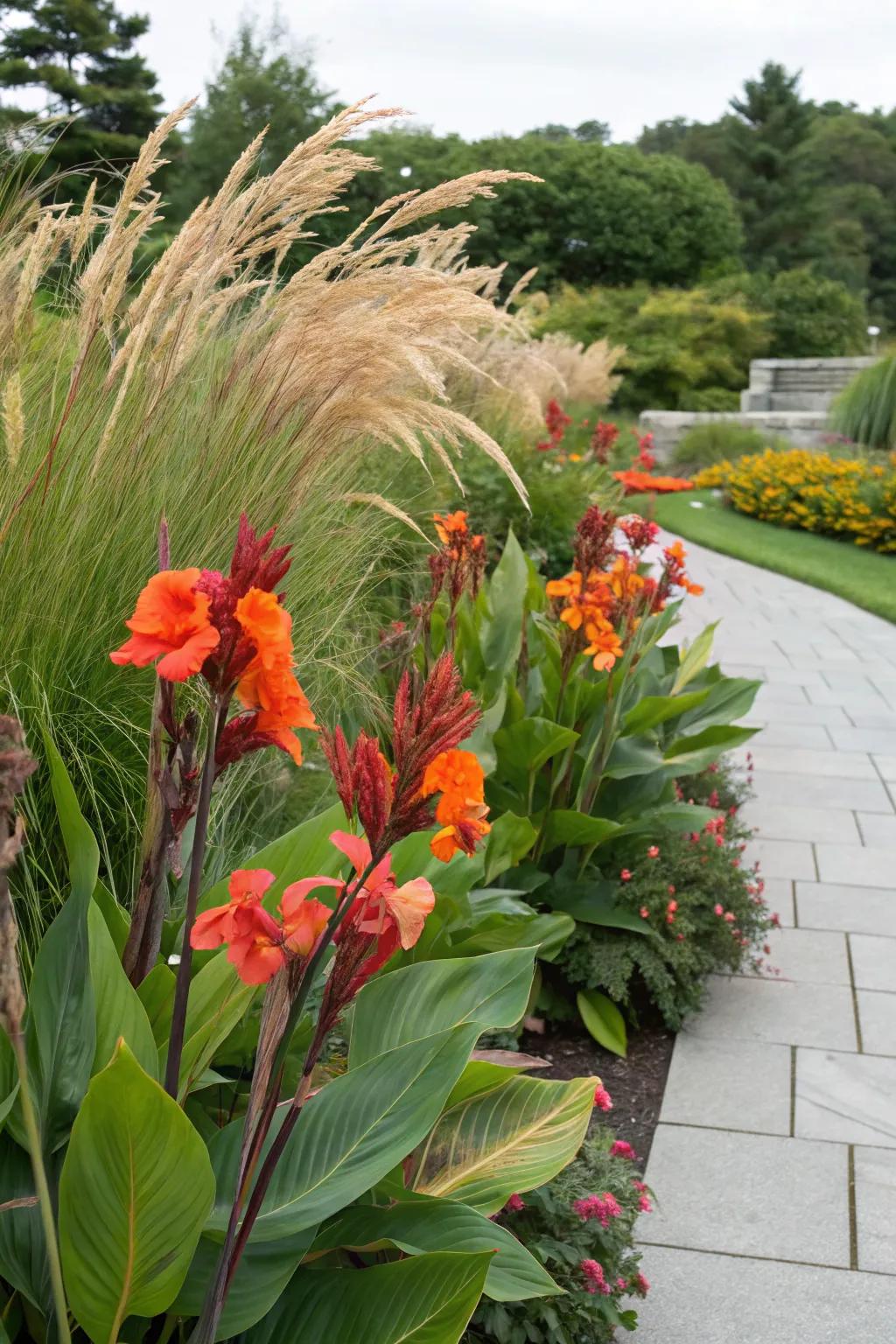 Canna lilies and grasses create a dynamic and textured garden display.