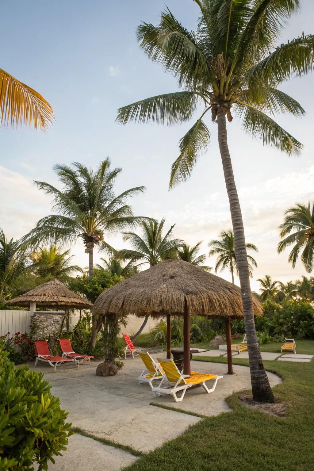 A thatched roof creates an exotic, island-inspired retreat in the backyard.