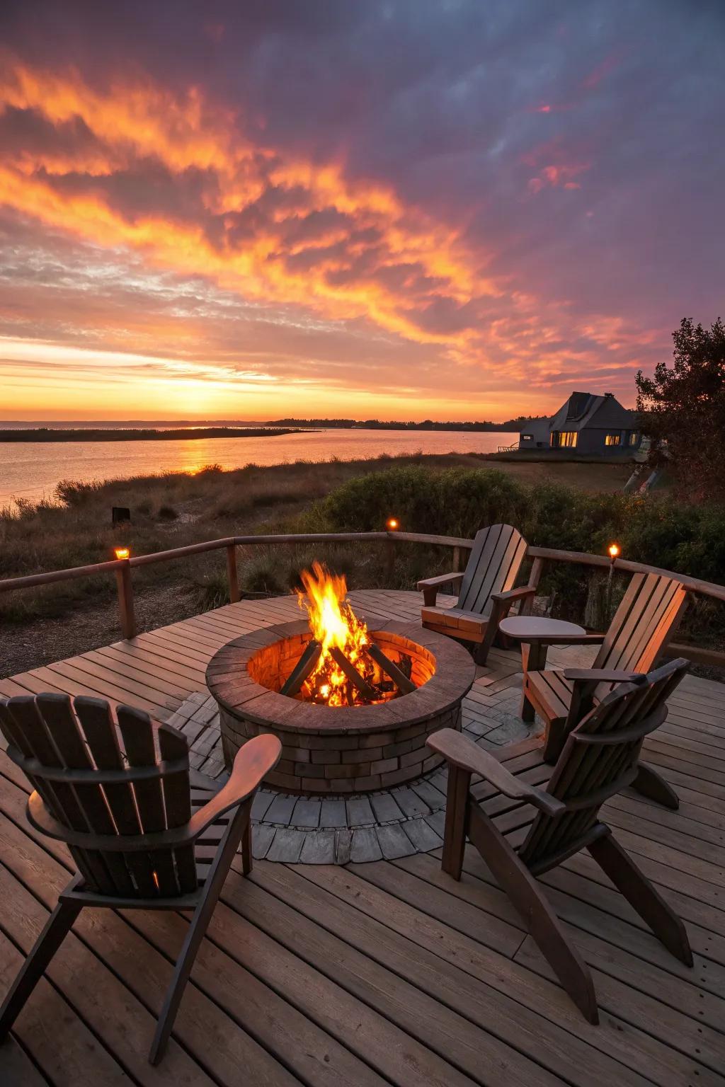 A fire pit creates a warm and inviting gathering spot on the deck