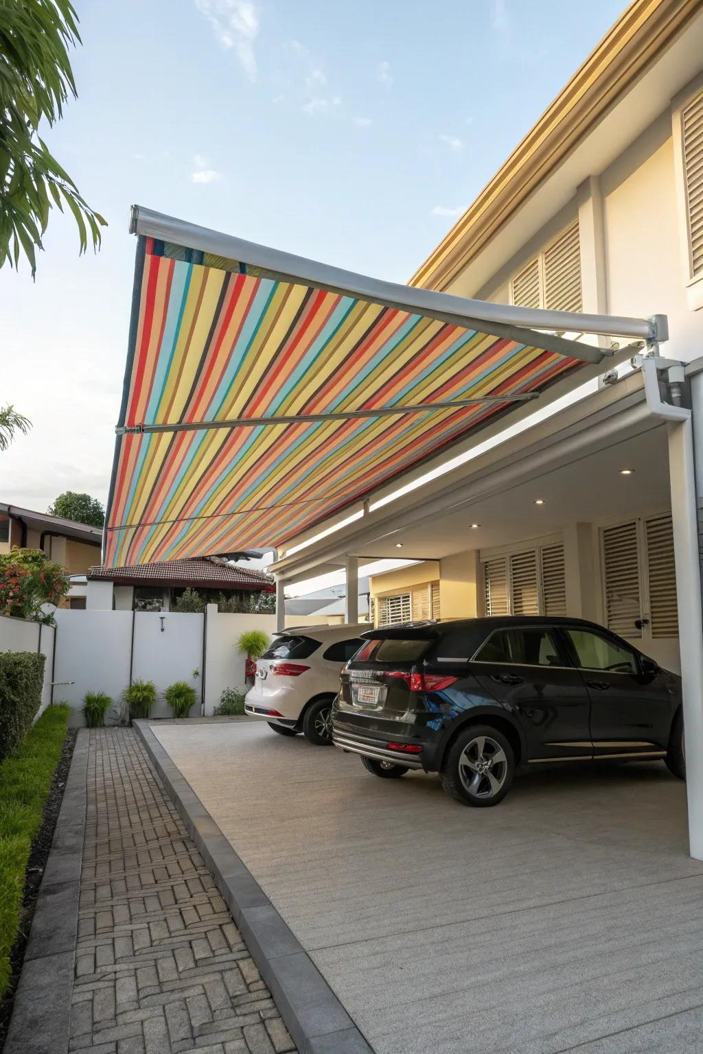Retractable awnings offer adaptable privacy with a splash of color.