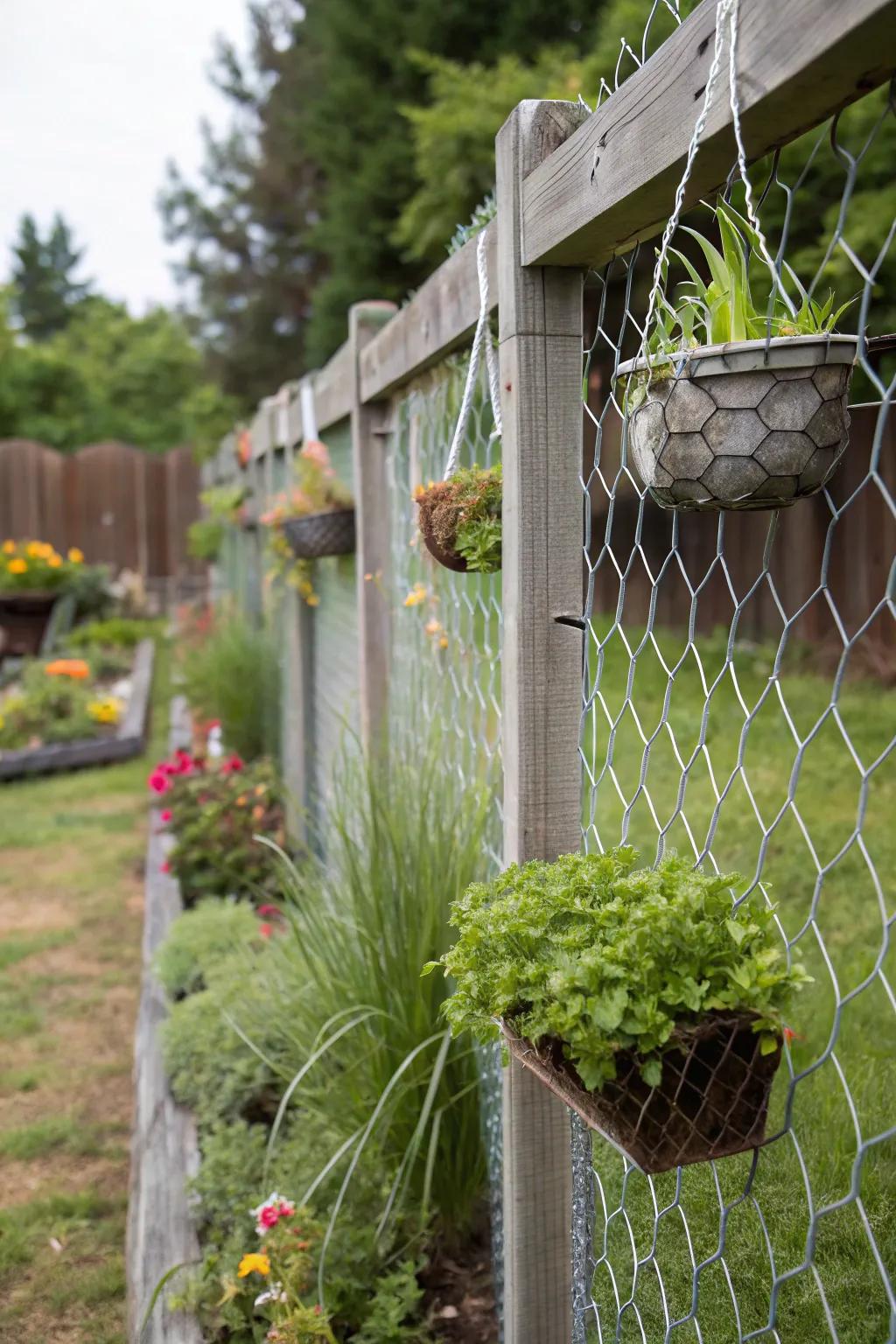 A practical solution using plant hangers and chicken wire.