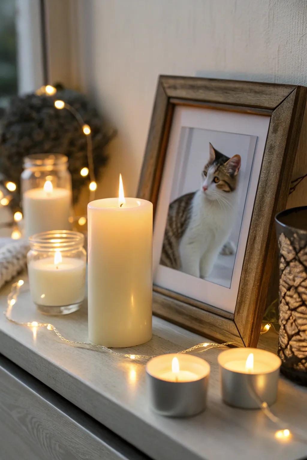 A candlelit tribute to a cherished feline friend.