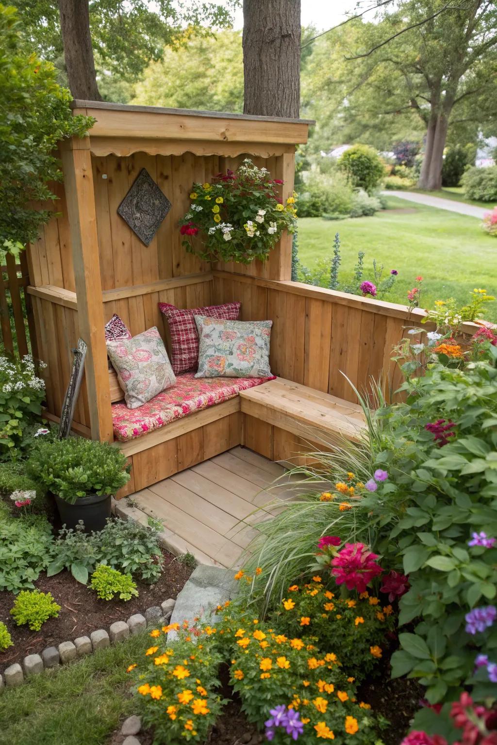 A corner cedar bench creates a snug escape in the garden.