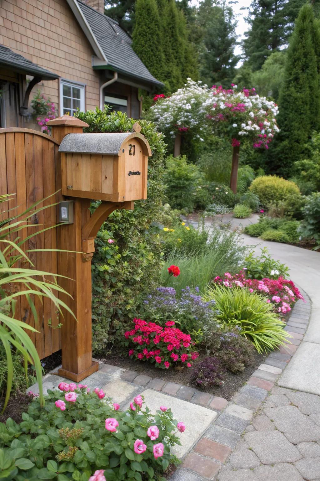 A cedar mailbox that harmoniously blends with the garden landscape.