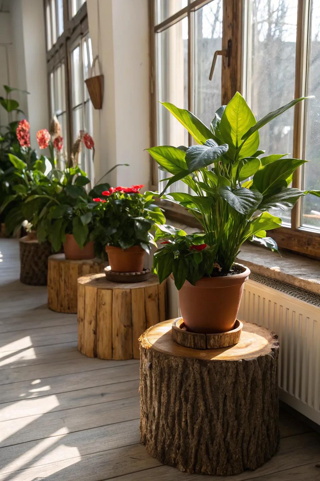 Potted plants on cedar slab stands.