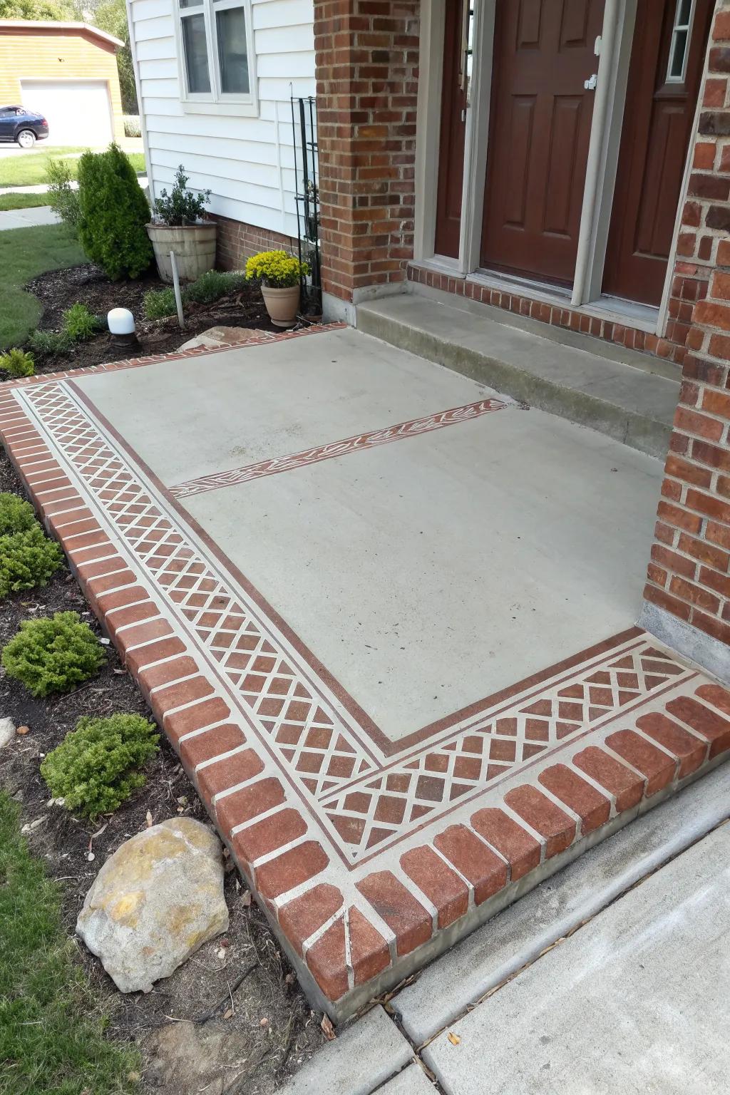 Stenciled brick borders add elegance and charm to your cement porch.