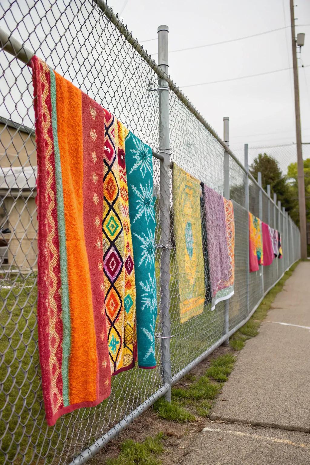 Repurpose rugs for an artistic and warm fence cover.