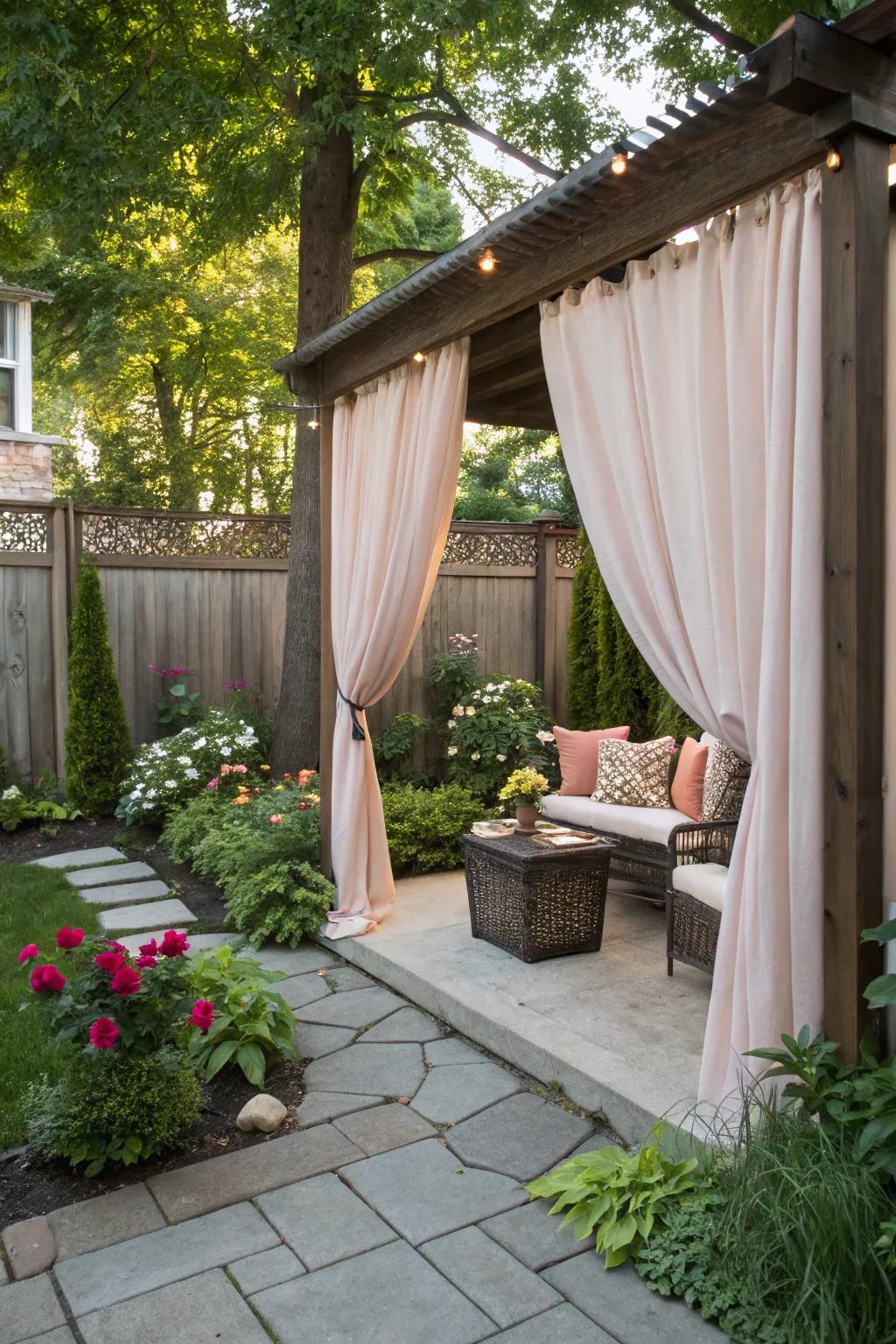 Outdoor curtains add privacy and coziness.