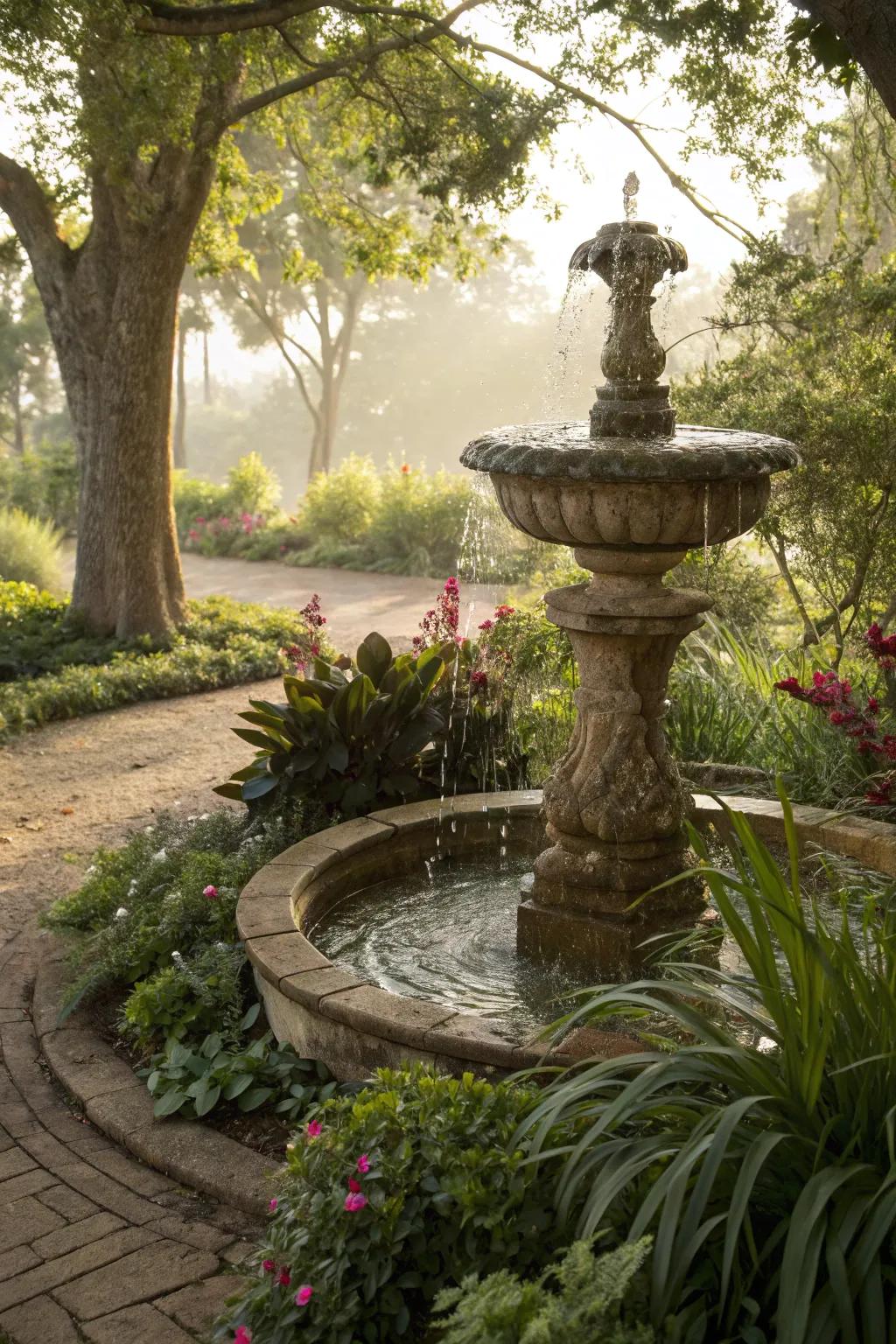 A compact water feature adds soothing ambiance.