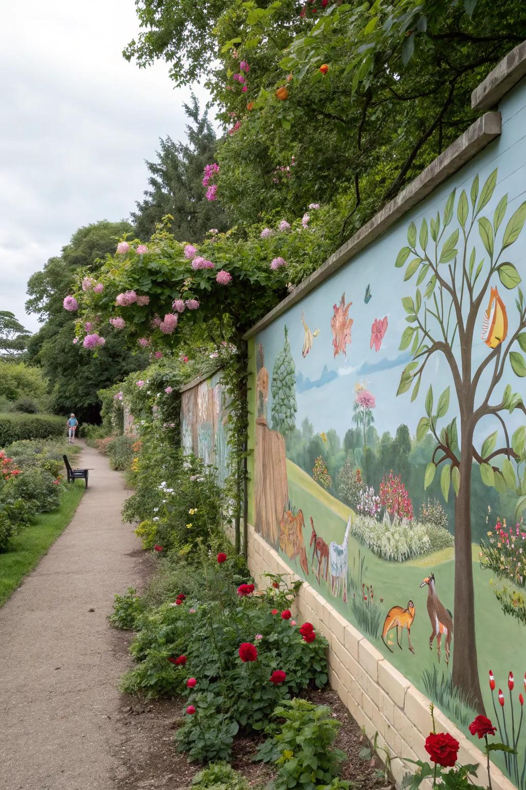 A garden wall adorned with a colorful nature-themed mural.