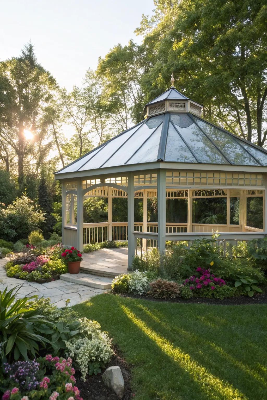 Polycarbonate panels offer light and durability for gazebo roofs.
