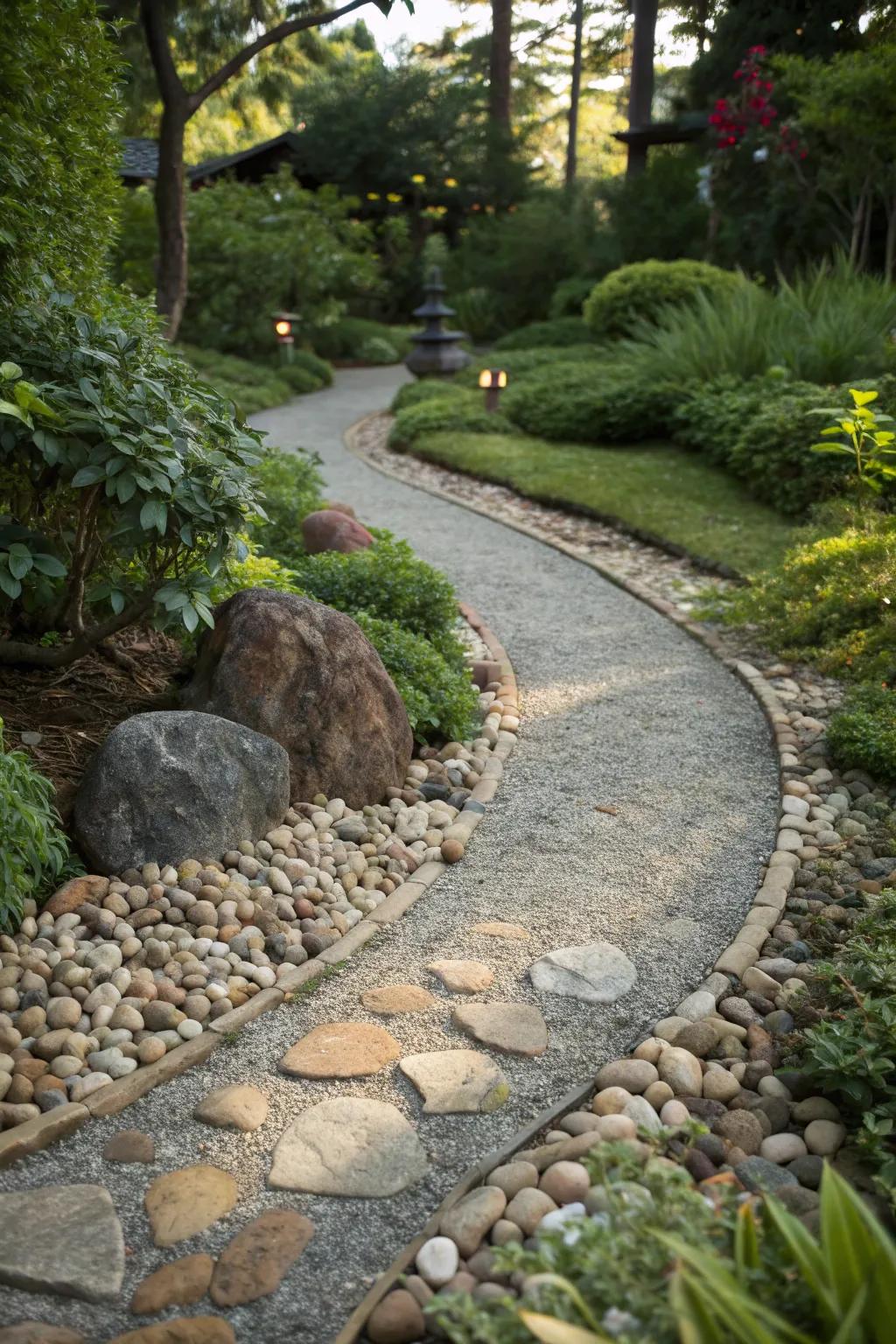 Gravel and pebble edging offer a minimalist, textured look.