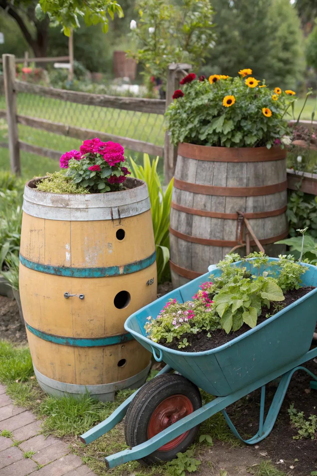Upcycled planters create unique and charming garden focal points