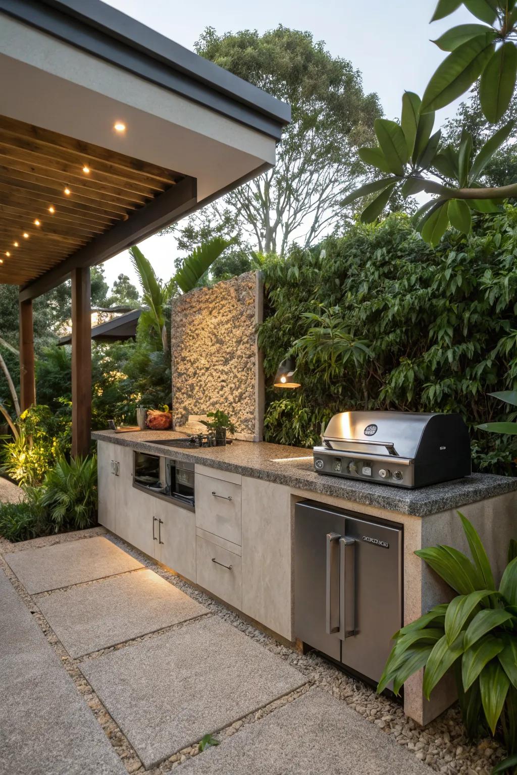 Pea gravel and resin countertops offer texture and natural beauty.