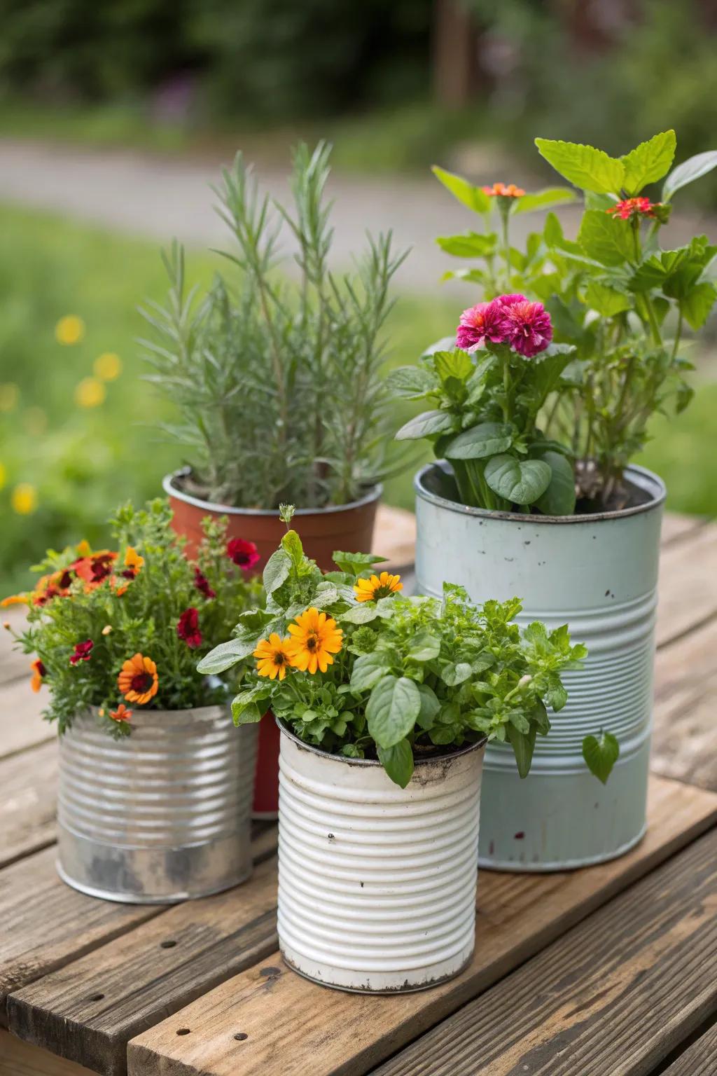 Repurposed containers make unique planters.