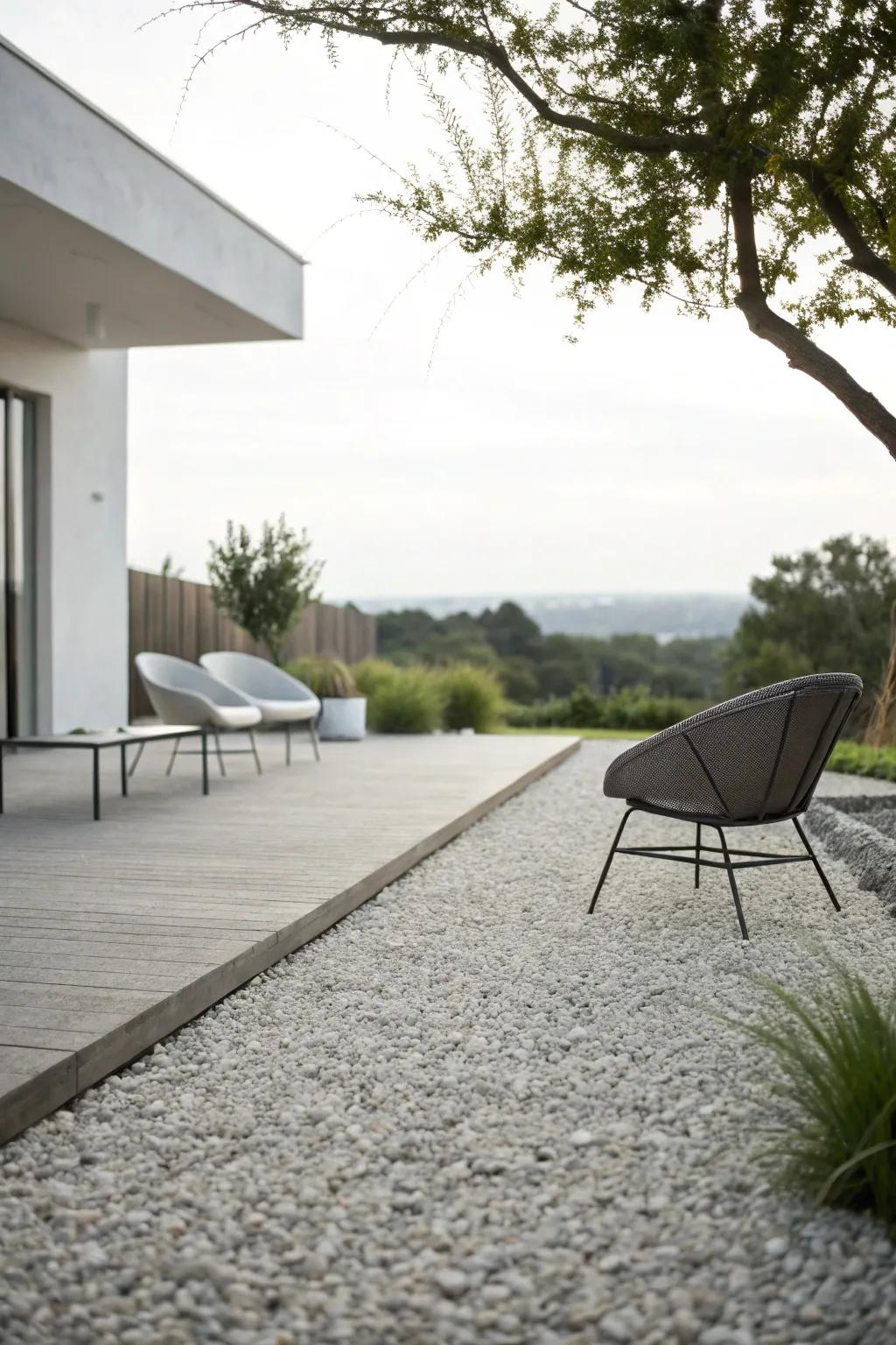 A minimalist gravel patio offers elegance and simplicity.