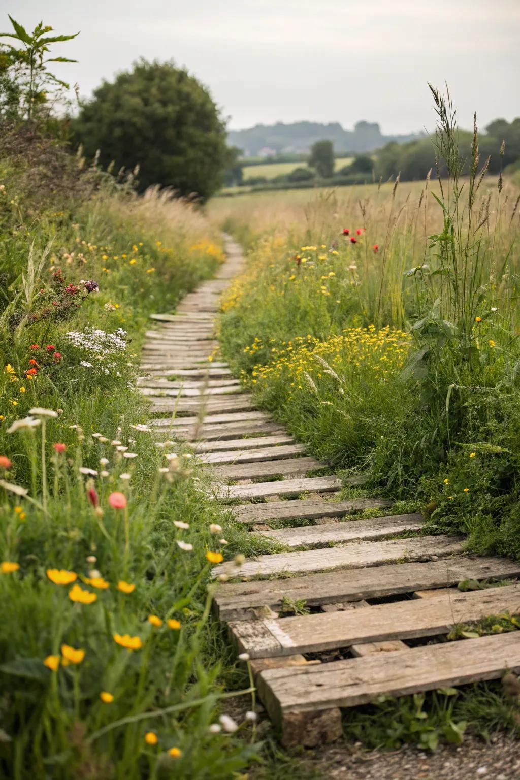Wooden pallets can be upcycled into charming garden paths.