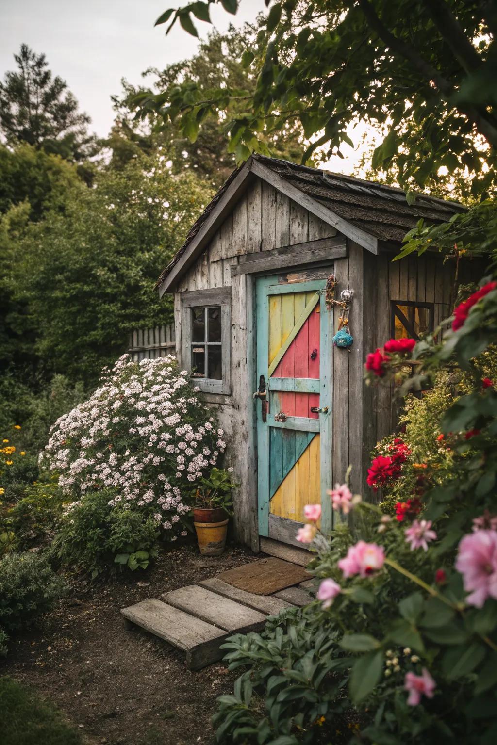 A repurposed door adds a personal touch to a shed.
