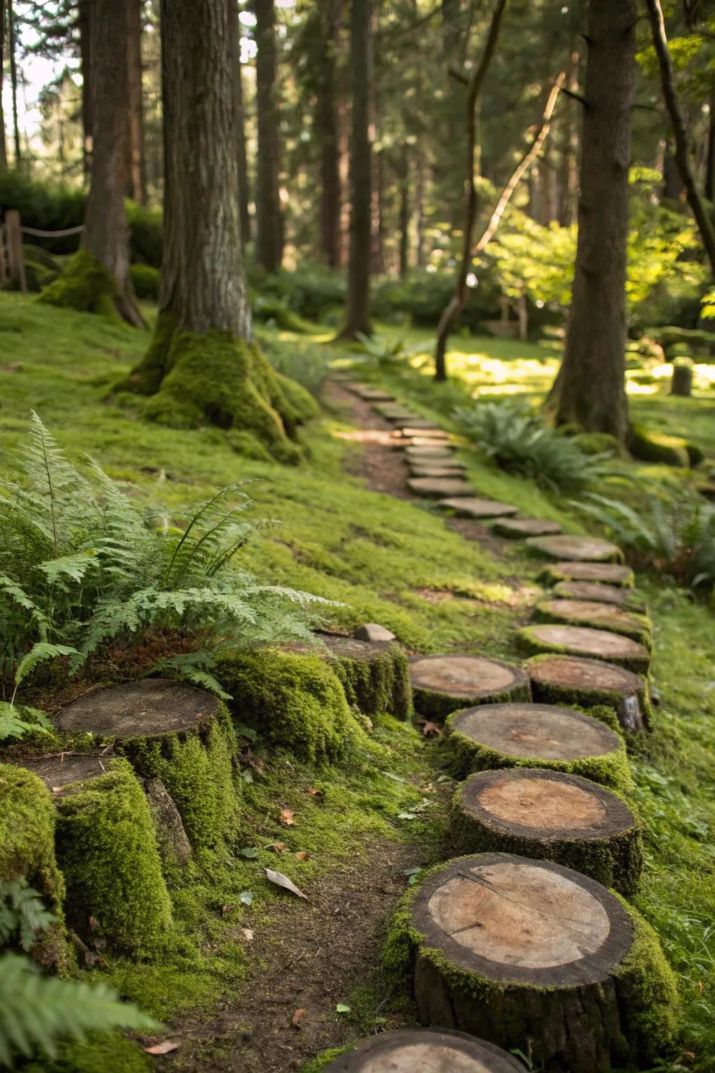 Log slices create a woodland-inspired path.