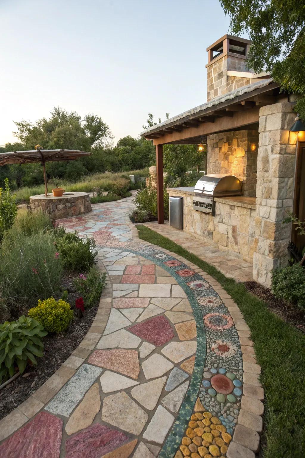 A mosaic path adds an artistic touch to any garden.