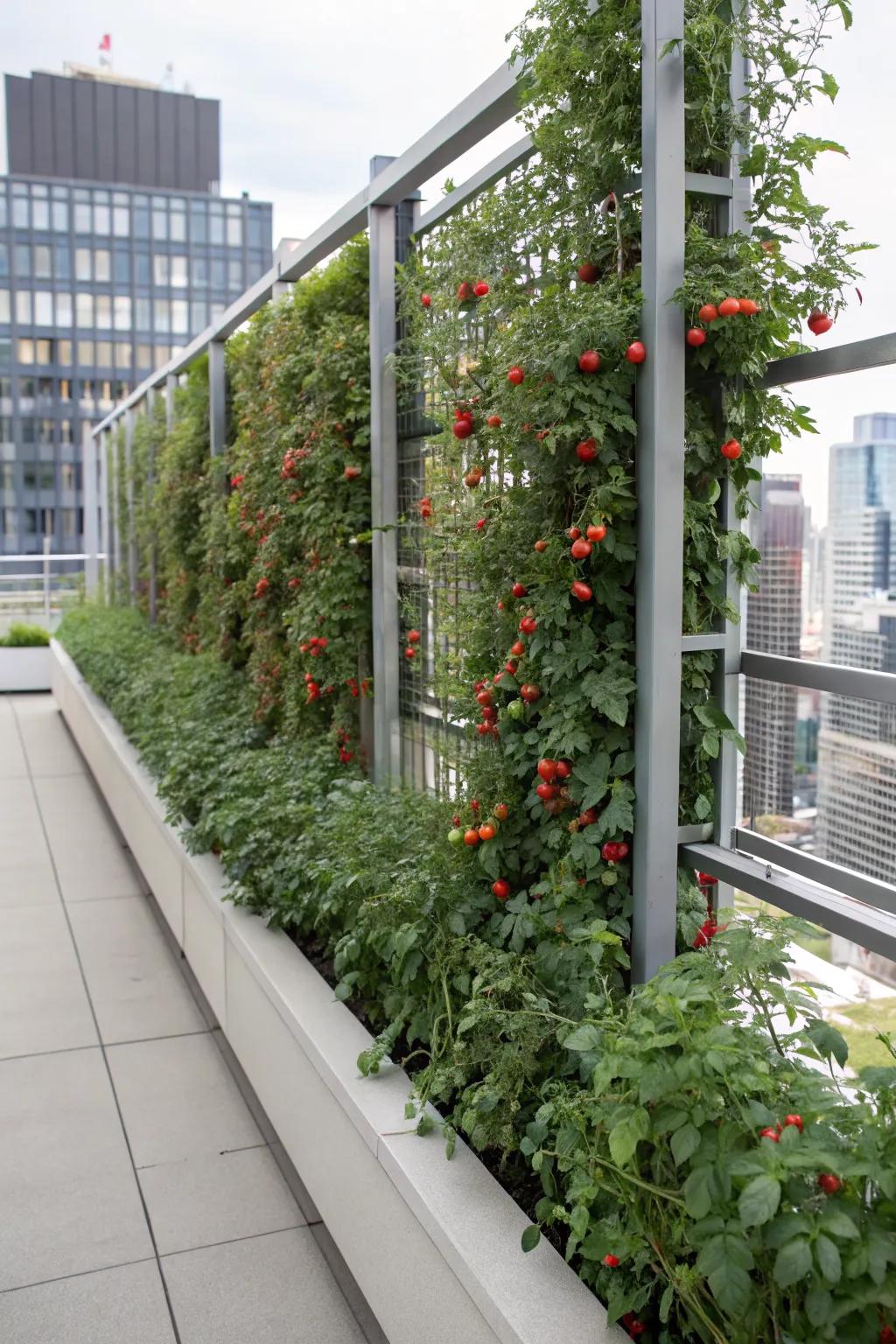 A vibrant living wall trellis with cherry tomatoes adding life to a garden wall.