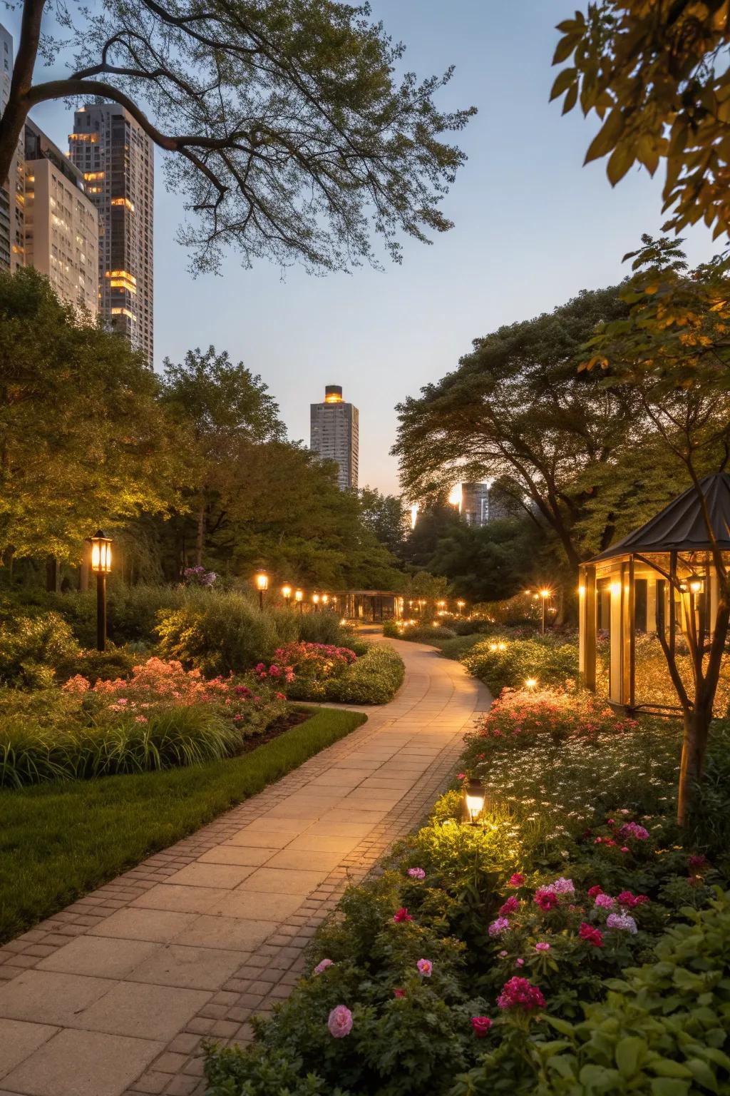 An enchanting Chicago garden illuminated by soft lighting.