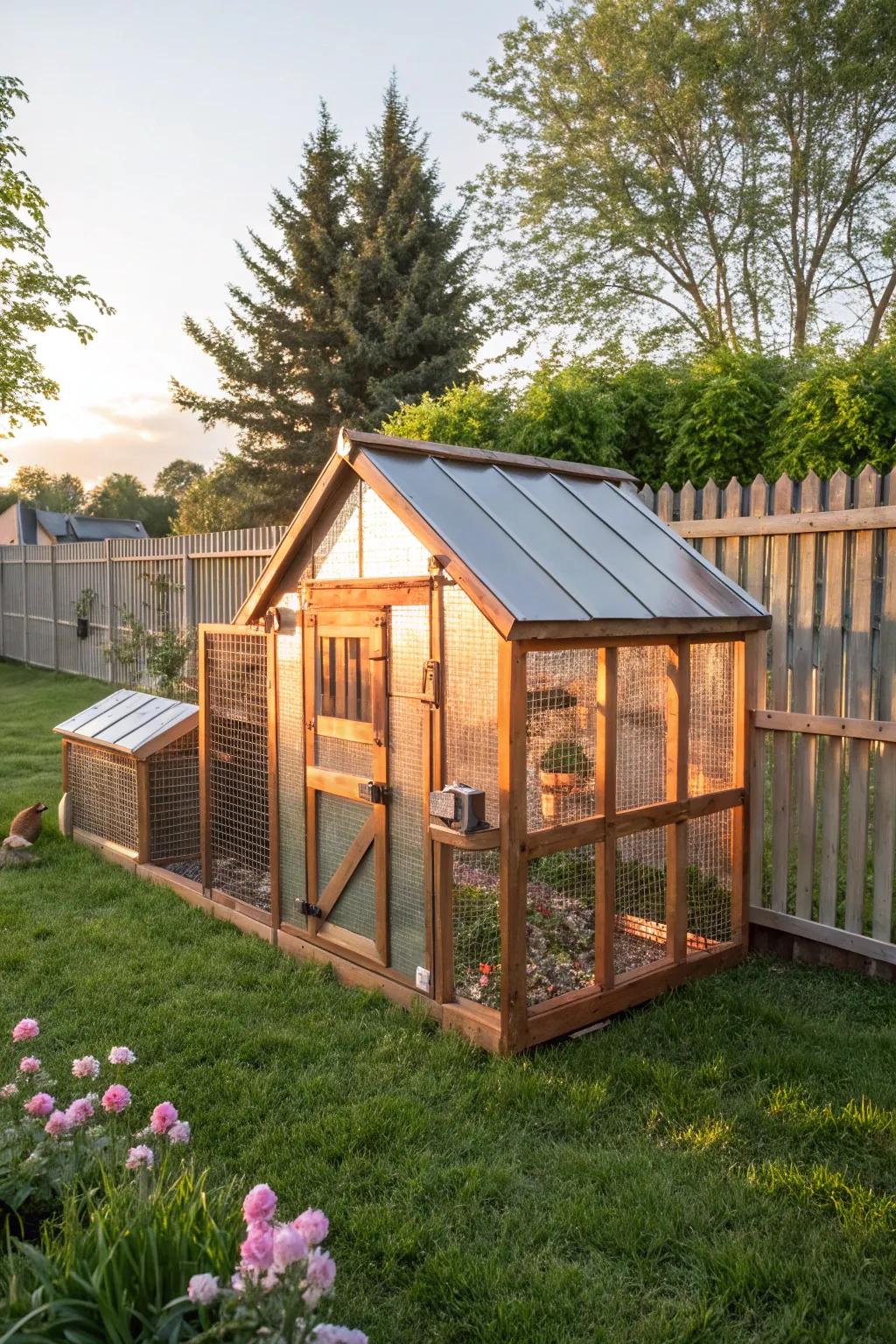 A glamorous chicken coop with shimmering metallic accents.