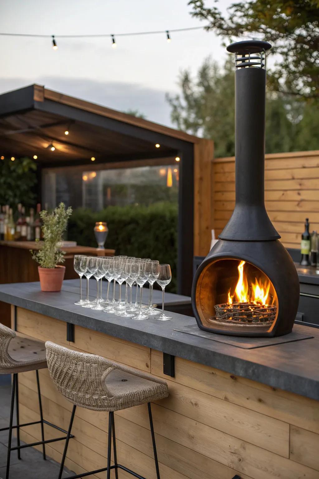 Enhance your social gatherings with a chic chiminea bar area.