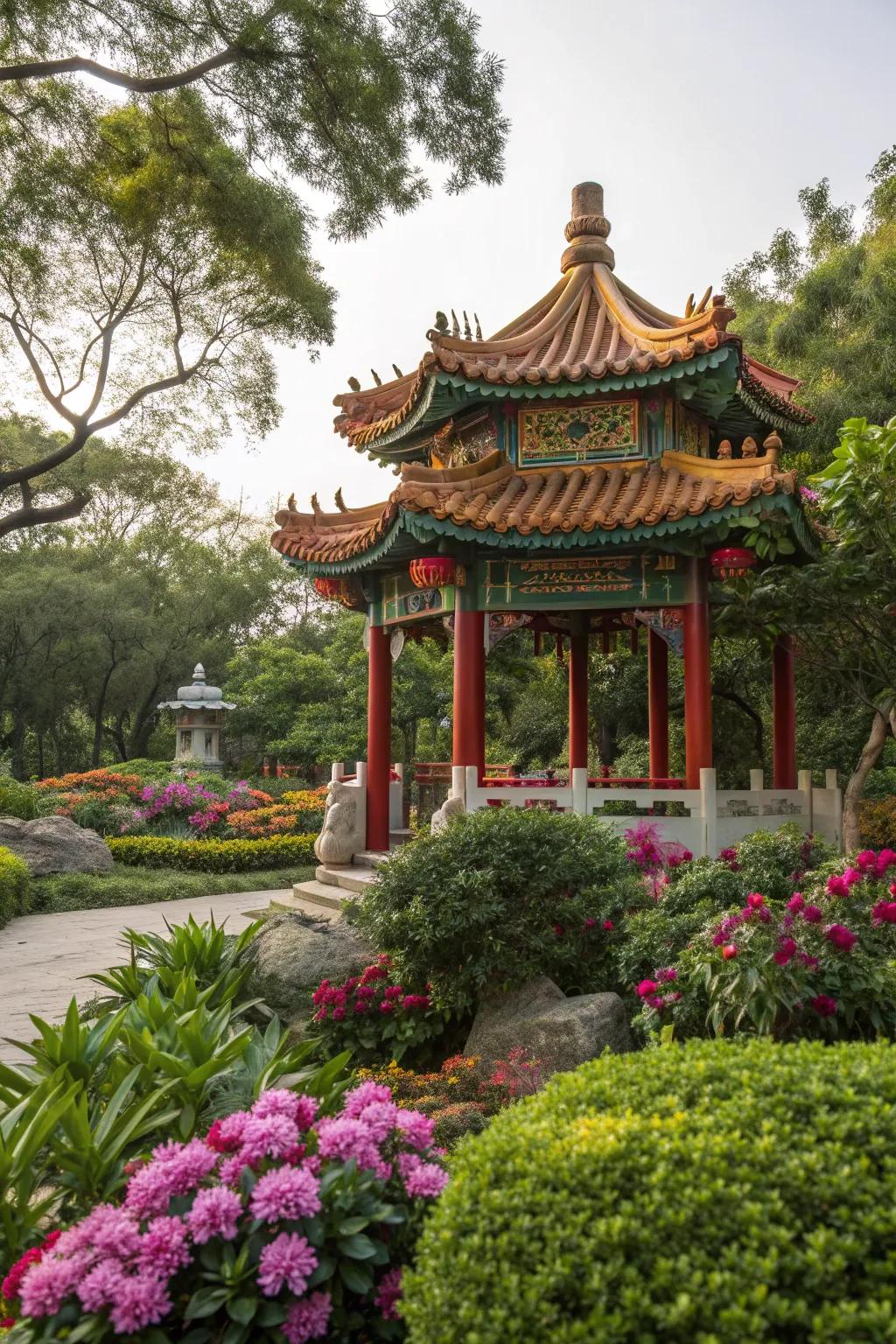 A traditional sculpture enriches the garden's cultural atmosphere.