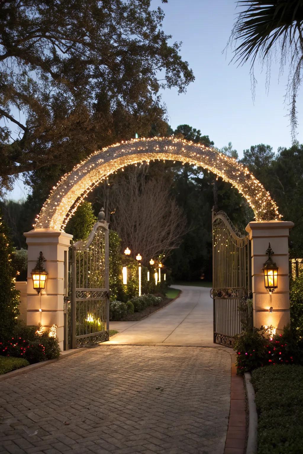 A grand archway of lights over the entrance, welcoming guests with festive flair.