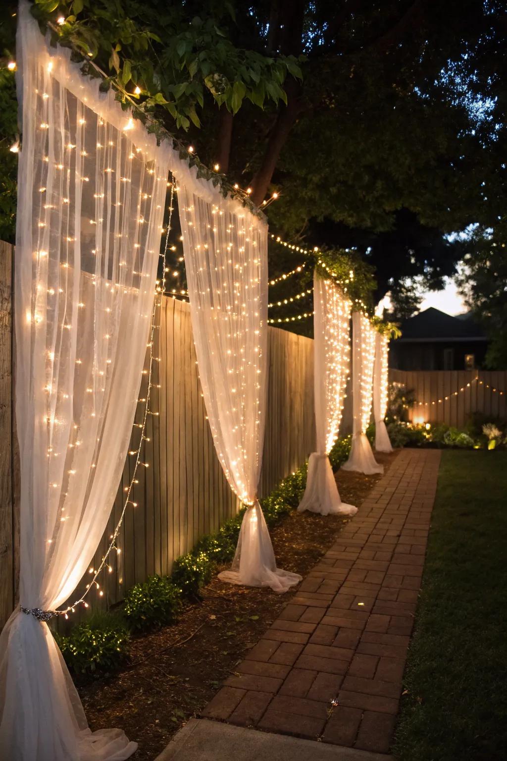 Fairy light curtains creating a dreamy garden setting.